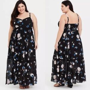 TORRID Black Floral Crochet Chiffon Tiered Maxi Dress Boho Babydoll Womens 1X